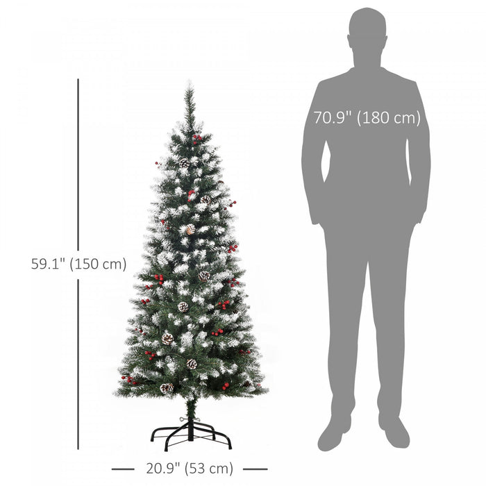 Homcom Sapin De Noel Floque Avec Baies Rouges, Pommes De Pin, Vert