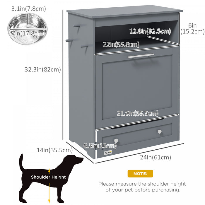 Pawhut Station D'alimentation Pour Animaux De Compagnie, Armoire De Stockage De Nourriture Pour Chiens Avec Gamelles Surelevees Et Cintre Pour Les Aliments Et L'abreuvement, Gris