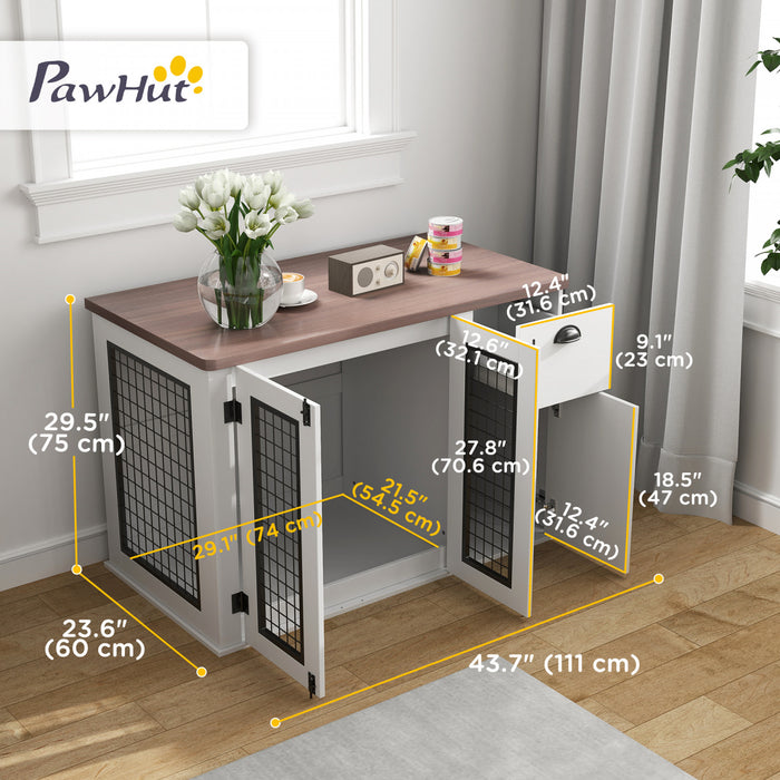 Pawhut Meubles De Cage Pour Chien De 44\" Avec Doubles Portes, Rangement, Tiroir, Cage Pour Chiens De Taille Moyenne, Blanc