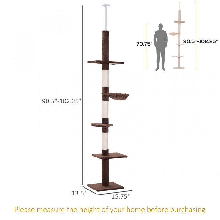 Pawhut 8.5ft Chat Escalade Arbre 5 Niveaux Kitty Centre D'activites Du Sol Au Plafond Chat Grimpeur Jouet Avec Grattoir Jouer Repos Post Meubles Pour Animaux De Compagnie Marron