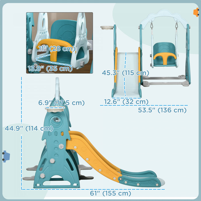 Qaba Ensemble Toboggan Et Balancoire Pour Enfants 3 En 1, Aire De Jeux Interieure Avec Panier De Basket, Balancoire Reglable, Grimpeur Pour Tout-petits, Pour Les 1 A 3 Ans, Bleu Clair