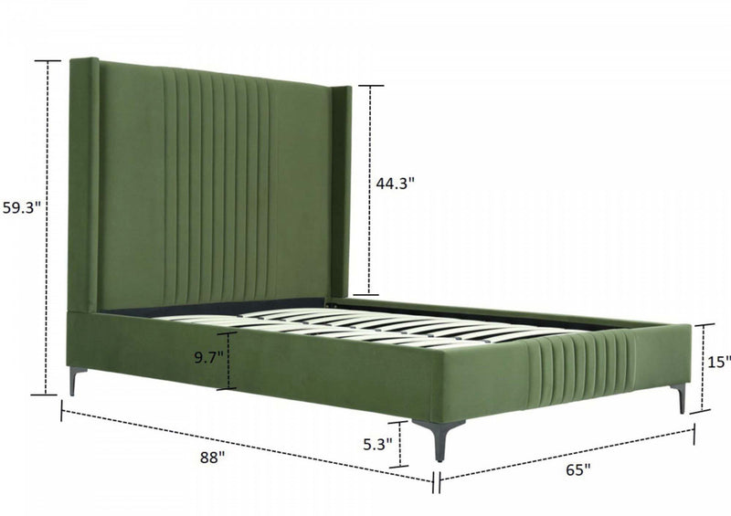 Lit Queen Promenade style milieu du siecle moderne en velours capitonne vert mousse