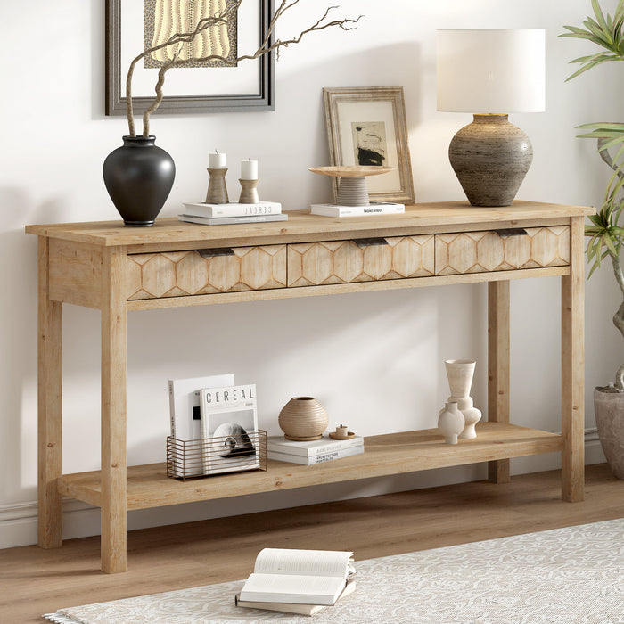 Table d'entree Oliver 60'' en placage de sapin avec design en nid d'abeille et tiroirs, naturel