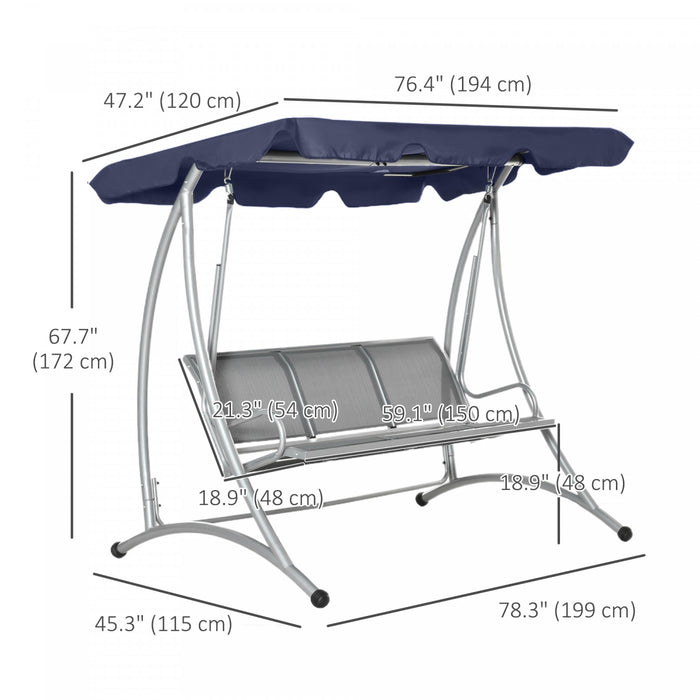 Outsunny Balancoire De Patio Pour 3 Personnes Avec Auvent Reglable, Bleu