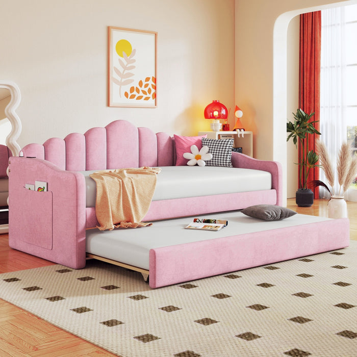 Lily Lit Relevable Capitonne avec Lit Gigogne et Ports de Chargement USB, Taille Twin, Rose