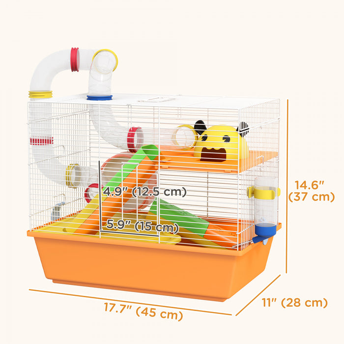 Pawhut Cage A Hamster A 3 Niveaux Pour Petits Animaux, Cage Pour Hamster Nain Et Gerbille Avec Tunnels Complets, Bouteille D'eau, Roue D'exercice, Plat A Nourriture, Rampes, 18\" X 11\" X 15\" – Orange