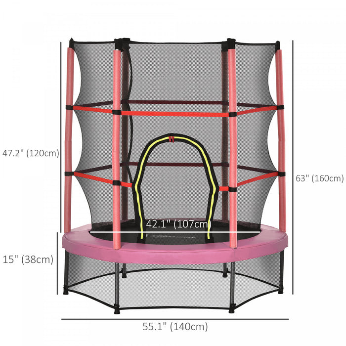 Outsunny Trampoline pour enfants Φ55\" avec filet, cadre en acier, rebondeur rond d'interieur, age 3 a 6 ans, rose