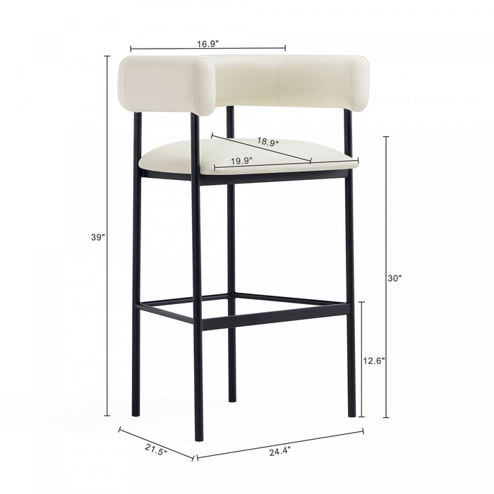 Tabouret de bar contemporain Onda en cuir vegetalien et metal, rembourre, coloris ivoire