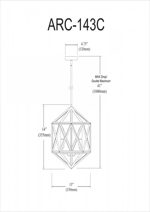 Lustre Archello de Dainolite à fini blanc mat avec touches bronze rétro et 3 ampoules