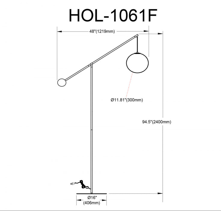 Lampe à pied Holly de Dainolite de 106 po de hauteur en verre blanc opale, avec fini noir mat et 1 ampoule