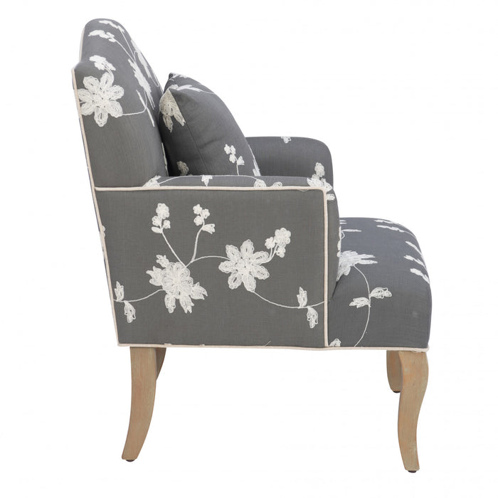 Fauteuil d'appoint Kenna en tissu d'apparence lin orné de broderie florale - gris