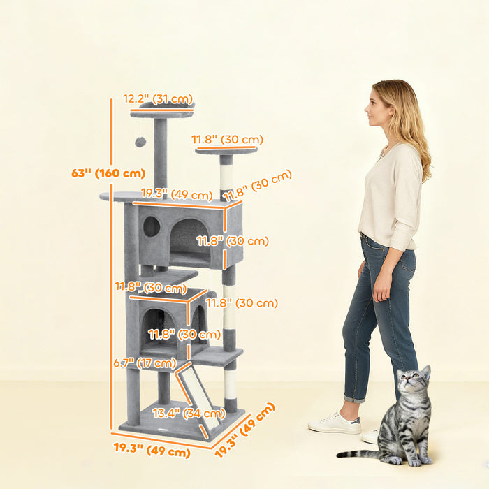 Arbre a Chat 160 cm avec Poteaux a Griffer, Cabanes, Gris Clair