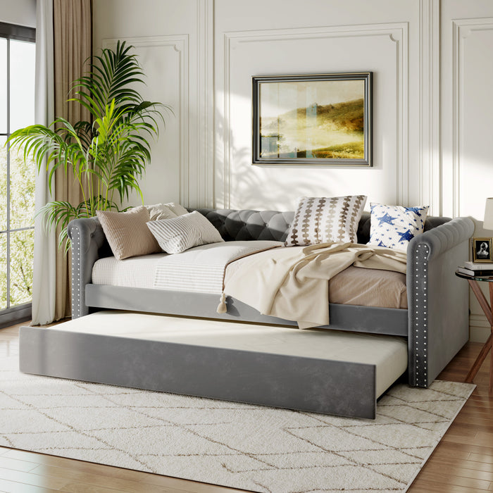 Le Daybed Sophia avec design capitonne, revetement en tissu, lit d'appoint avec trundle et dossier confortable, couleur grise