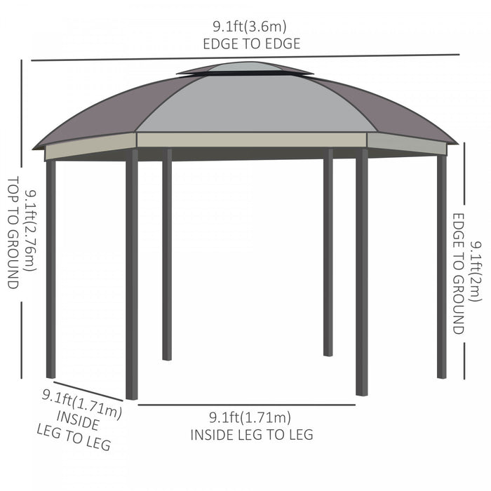 Outsunny Tonnelle Ronde De 12' X 12', Auvent De Terrasse En Forme De Dome Avec Double Toit, Parois Laterales En Filet Et Rideaux, Portes A Fermeture Eclair, Cadre En Acier Solide, Marron