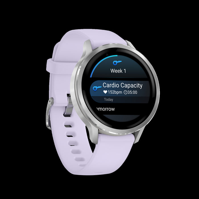 Montre intelligente Garmin Venu 4 41 mm argent pervenche - Suivi d'activite, statut HRV, Pulse Ox, sante des femmes, GPS multi-bande, entrainements quotidiens