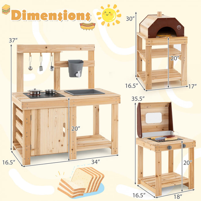 Costway 3 Pieces En Plein Air En Bois Cuisine Jeu Enfants Boue Cuisine Barbecue Grill & Four A Pizza
