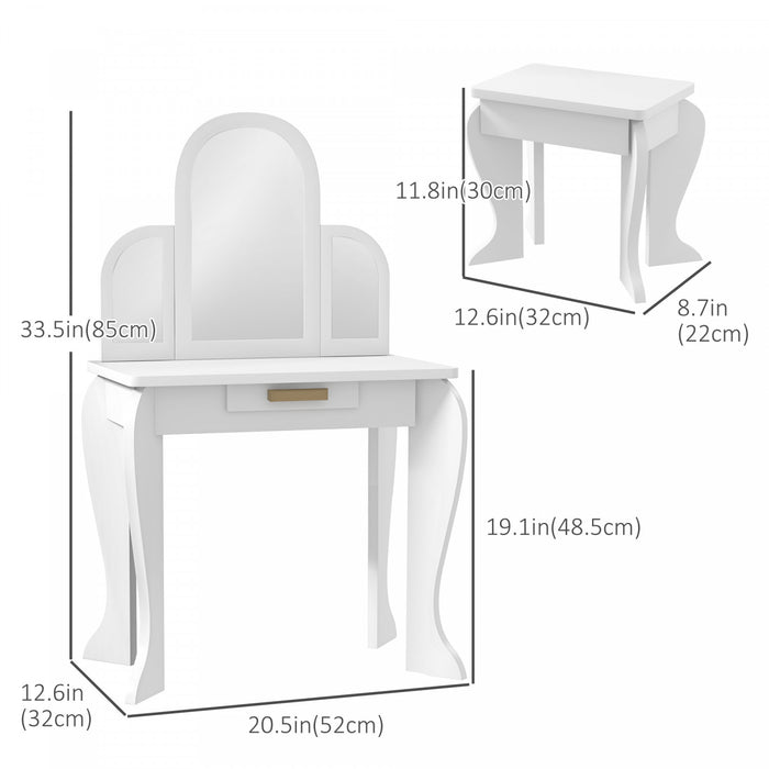 Qaba Ensemble Coiffeuse Et Chaises Pour Enfants, Coiffeuse Pour Filles, Bureau De Maquillage Avec Tiroir Pour Enfants De 3 A 6 Ans, Blanc