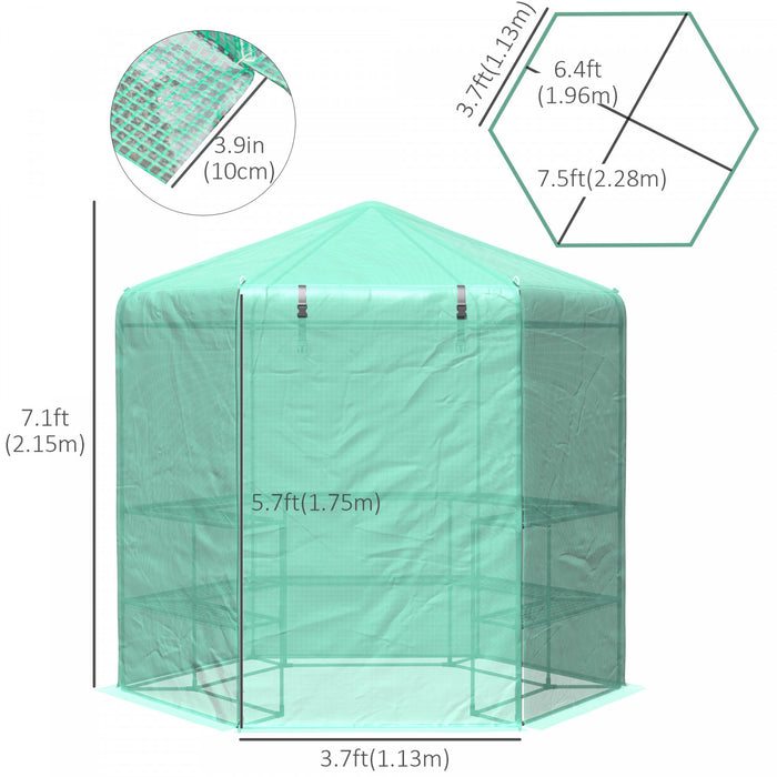 Outsunny 88.5\" X 76.5\" X 84.75\" Hexagonal Portable Serre Pour Plantes Chaudes Maison De Fleurs House Avec Etageres, Vert