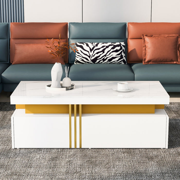 Noah table basse moderne – table avec plateau a motif marbre et tiroirs de rangement, blanc