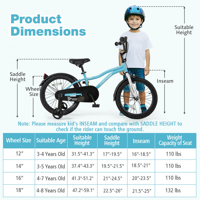 Costway 18\" Velo Pour Enfants Pour Garcons Et Filles De 4 A 8 Ans Avec Reflecteurs De Frein A Main Reglables Bleu