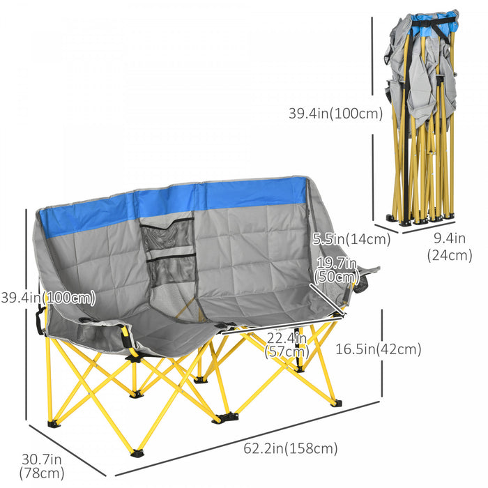 Outsunny Chaise de camping double siege pliable avec poche de rangement et porte-gobelet Compact et robuste dans un sac pour exterieur, plage, pique-nique, randonnee, voyage, bleu et gris