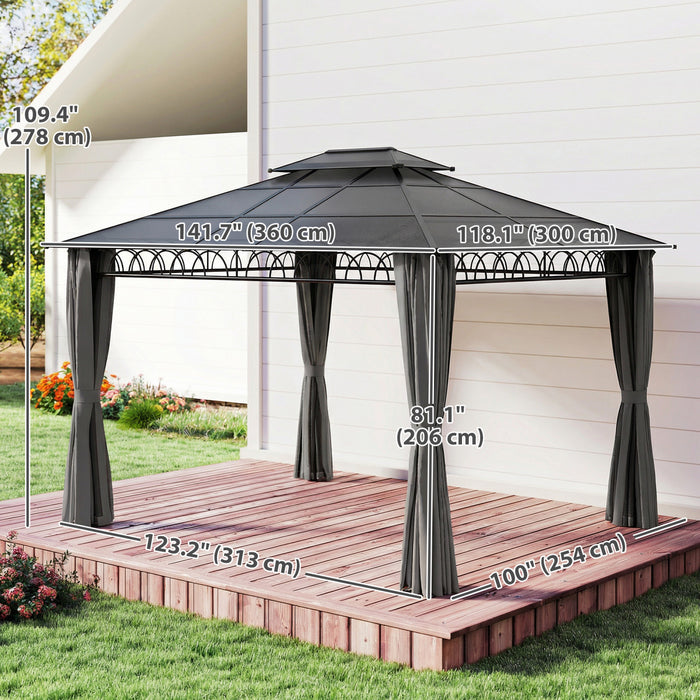Outsunny Pavillon 3 x 3,6 m, Toit Rigide Double avec Rideaux, Noir