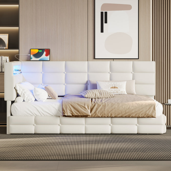 Banquette-lit Sophia rembourree avec lumieres LED et tiroirs de rangement, taille simple, beige