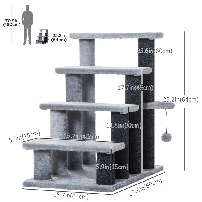Pawhut Escalier Pour Chat 4 Marches Pour Lit, Canape Avec Griffoirs, Petit Arbre A Chat Pour Chats D'interieur Avec Jouet Balle, Gris Clair
