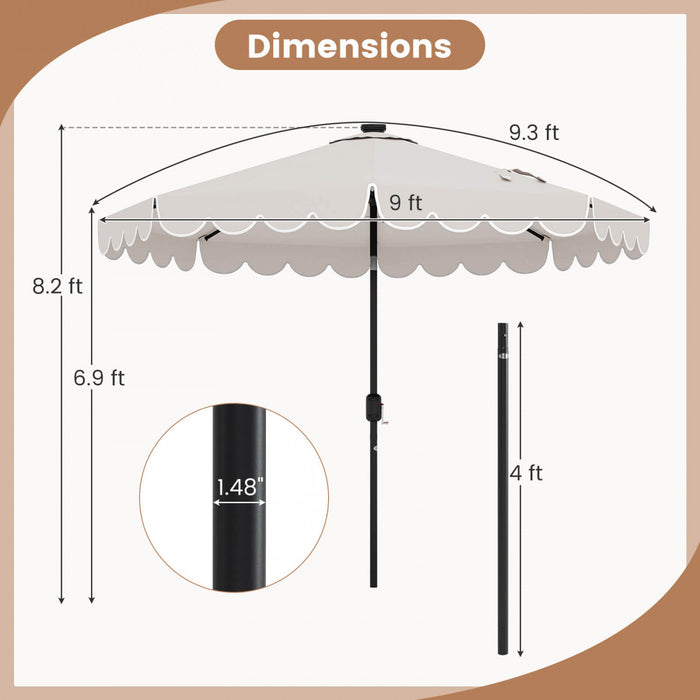 Parasol solaire Costway 9,3 FT style marche exterieur avec 24 LED, bordures, beige