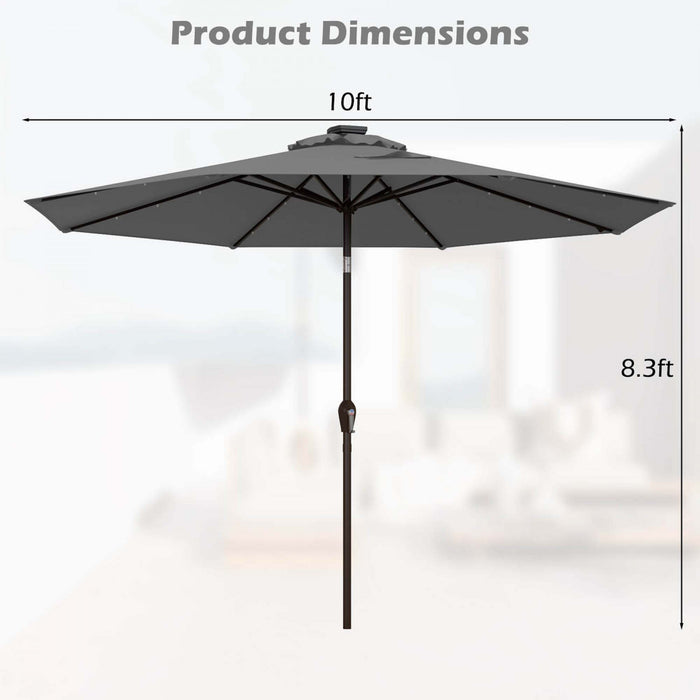 Parasol solaire Costway 10 pieds avec LED, parasol de marche inclinable en acier avec manivelle, exterieur gris