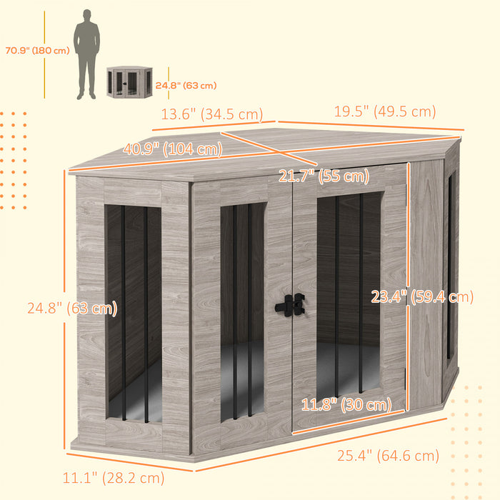 Pawhut Meuble De Cage Pour Chien, 41po Design D'angle, Porte, Serrure, Cage Pour Chien De Style Mobilier D'interieur Pour Chiens De Taille Moyenne, Gris
