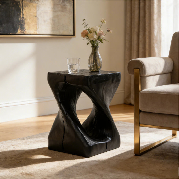 Table d'appoint moderne sablier torsade Miro 16 pouces MGO, table laterale interieure imitation bois, noir
