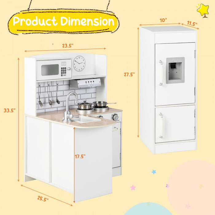 Ensemble De Jeu De Cuisine Pour Enfants D’angle, Cuisine De Jeu En Bois Avec Evier, Cuisiniere, Hotte, Refrigerateur Separe, Distributeur D'eau, Ustensiles De Cuisine, Cuisine De Jeu De Chef En Bois Pour Les Tout-petits, Blanc