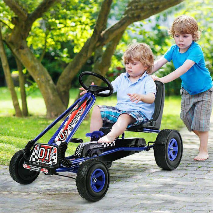 Costway Kart A Pedales Pour Enfant Karting Enfant Velo Et Vehicule D’enfants A L'exterieur Jouet Avec Siege Ajustable 4 Roules Bleu