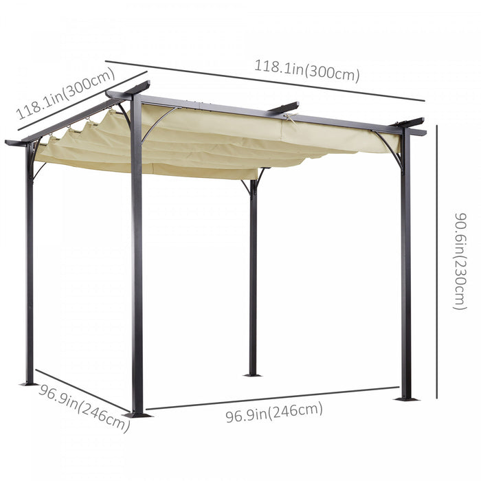 Pergola Retractable 3l X 3l X 2,30h M Structure Metal Epoxy Anticorrosion Noire + Toile Polyester Haute Densite 180 G/mĠ Incluse Beige