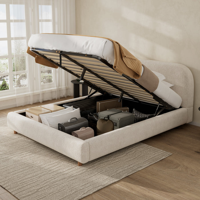 Lit plateforme Laurel avec coffre de rangement a levage hydraulique, tapisserie bouclee et espace de rangement cache sous le lit, taille Queen, blanc