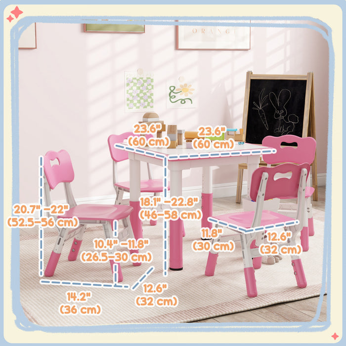 Qaba Ensemble Table Et Chaises Pour Enfants 5 Pieces, Ensemble Table Et Chaises Reglables En Hauteur, Ensemble Table Et Chaises D'activites Avec Rangement, Pour Salle De Jeux, Salle De Classe, Rose