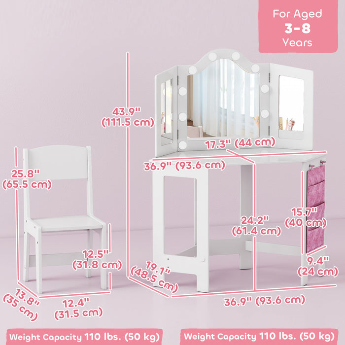 Qaba Ensemble coiffeuse et chaises pour enfants avec eclairage, blanc