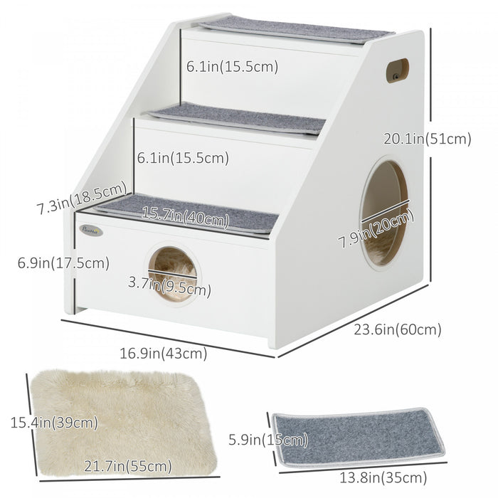 Pawhut Escaliers Pour Animaux De Compagnie Pour Maison Cachee Pour Chiens Miniatures, Marches Pour Chat Pour Canape Lit Haut, Escalier Portable Avec Poignees, Tapis Antiderapant, Trous Lateraux, Blanc