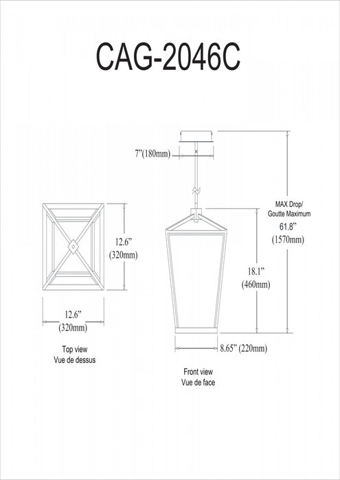 Luminaire suspendu Cage de Dainolite blanc qui diffuse la lumière, avec fini noir mat et ampoule à DEL de 46 W