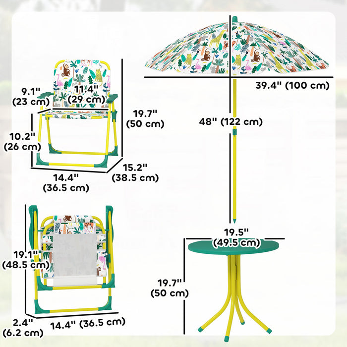 Qaba Table de Pique-Nique Enfant avec 2 Chaises Pliantes et Parasol, Vert