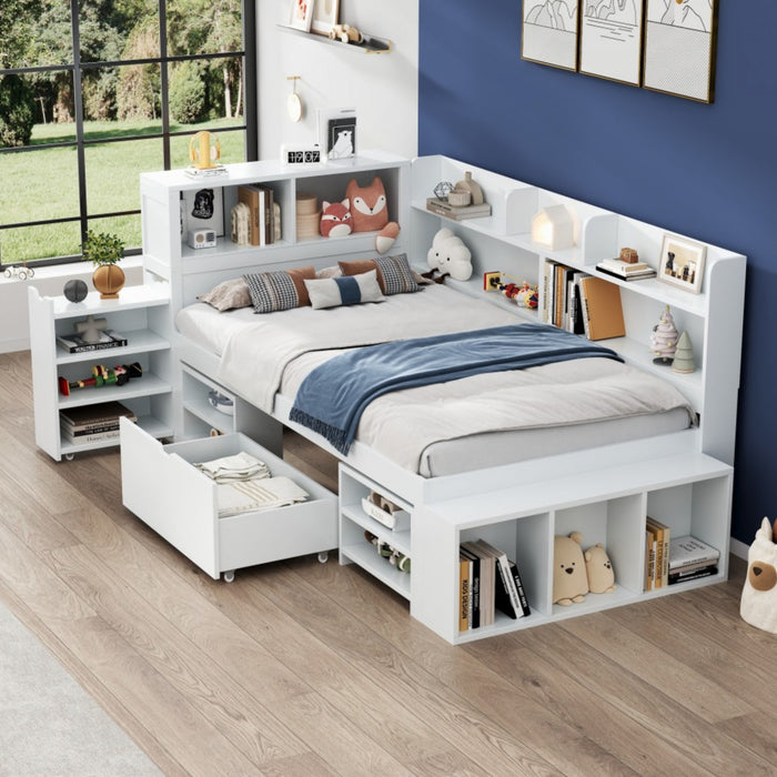 Banquette-lit multifonction Ethan avec rangement integre, tiroirs et bibliotheque, taille simple, blanc