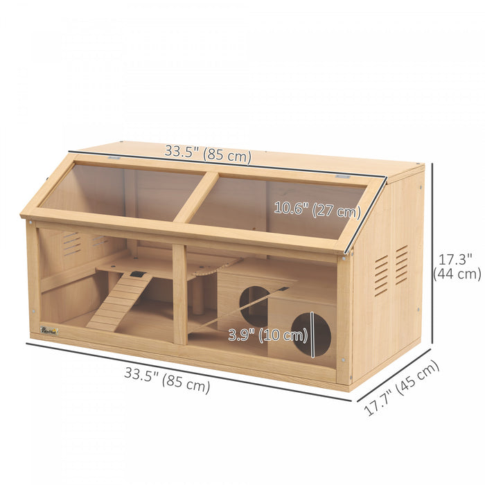Pawhut Cage En Bois Pour Hamster, 33,5\"l, Cage Pour Petits Animaux Pour Hamster Nain Syrien, Gerbilles, Souris Avec Pont Suspendu, Echelles, Dessus Ouvrant, Cabane, Plate-forme, Finition Bois Naturel