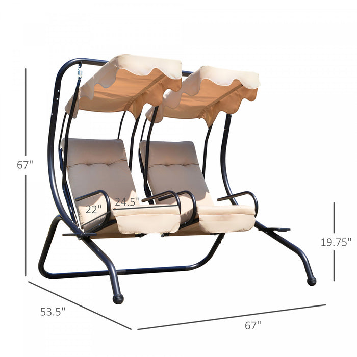 Outsunny Luxury Metal Swing Chair Hamac 2 Places Separees Robuste Avec Auvent Et Coussins, Beige