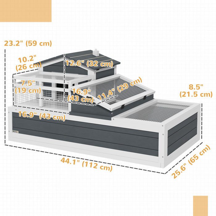 Maison pour tortue en bois avec balcon, rampe et bac, gris