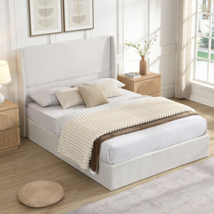Liam Lit plateforme rembourre avec tete de lit a ailes, taille Queen, beige