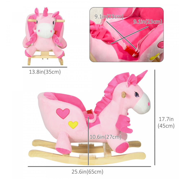 Qaba Cheval A Bascule Pour Bebe Avec Licorne Avec Chansons, Jouet A Bascule Avec Base En Bois, Ceinture De Securite Pour Enfants De 1.5 A 3 Ans, Rose