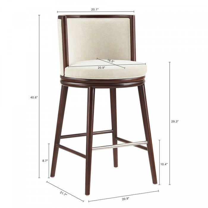 Tabouret de bar moderne en bois avec revetement en tissu creme Evalyn