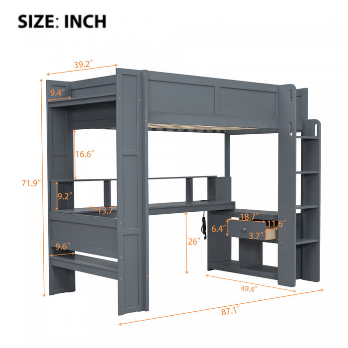 Jackson – Lit Mezzanine Simple En Bois Massif Avec Bureau, Etageres De Rangement, Eclairage Del Et Station De Recharge – Gris Fonce