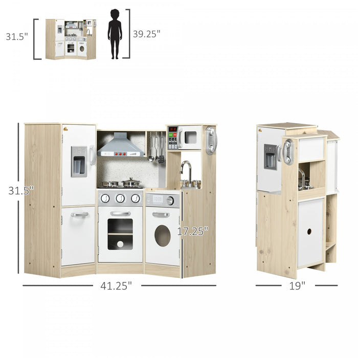 Qaba Cuisine En Bois Avec Sons Et Lumieres, Coin Cuisine Pour Enfants Avec Telephone, Machine A Glacons, Micro-ondes, Hotte, Refrigerateur, Ustensiles, Cadeau Pour Les 3-6 Ans, Blanc.